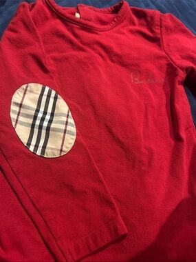 Burberry Red Long Sleeve Top with Plaid Elbow Patch